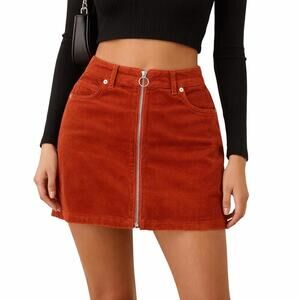 Love Tree Corduroy Zip-Front Cotton Mini Skirt – Rust / Burnt Orange - Size S